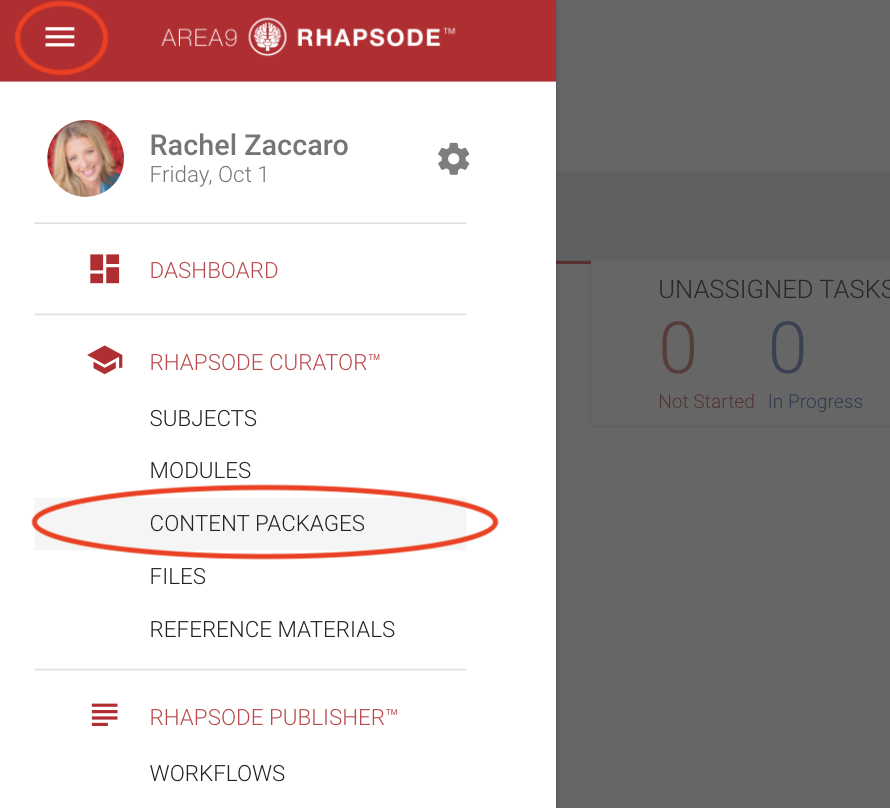 Sign into Rhapsode Curator, select the Hamburger Menu and then navigate to Content Packages-png